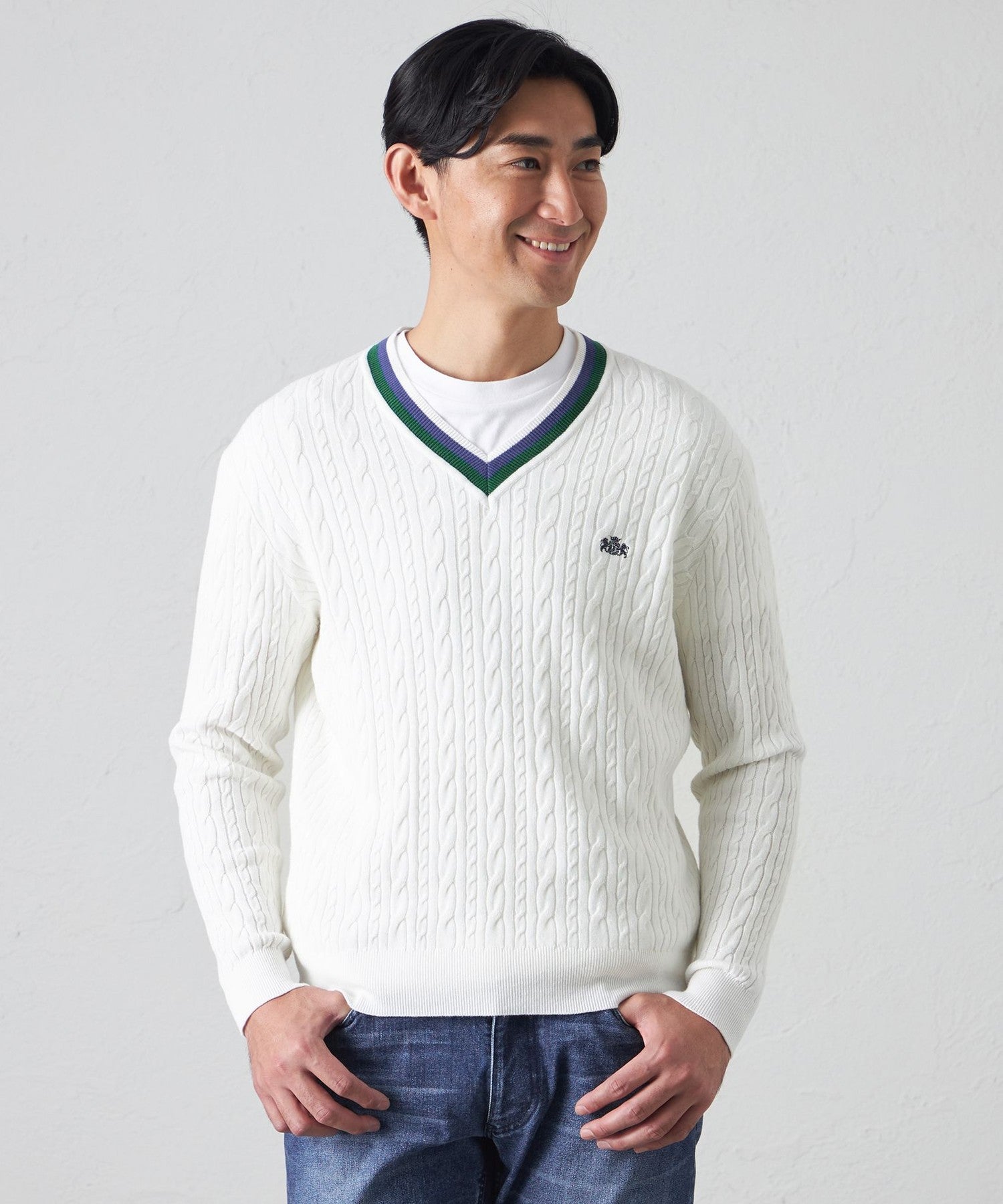 ウォッシャブル】綿麻チルデンVネックニット(トップス)｜BAKER STREET