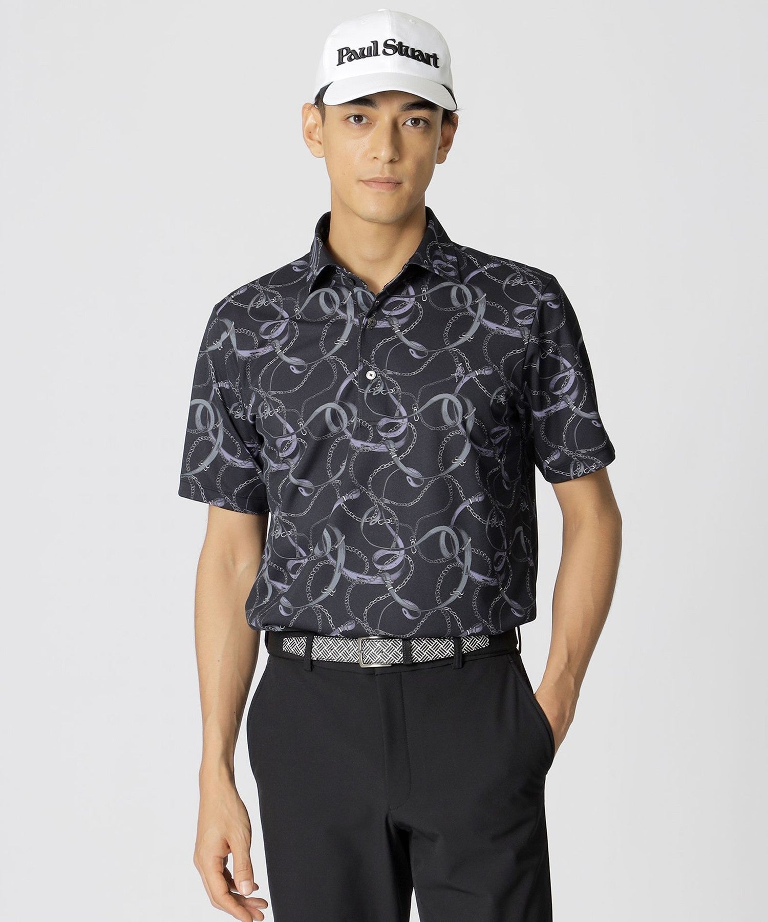 GOLF】チェーンベルト柄プリントカッタウェイポロシャツ