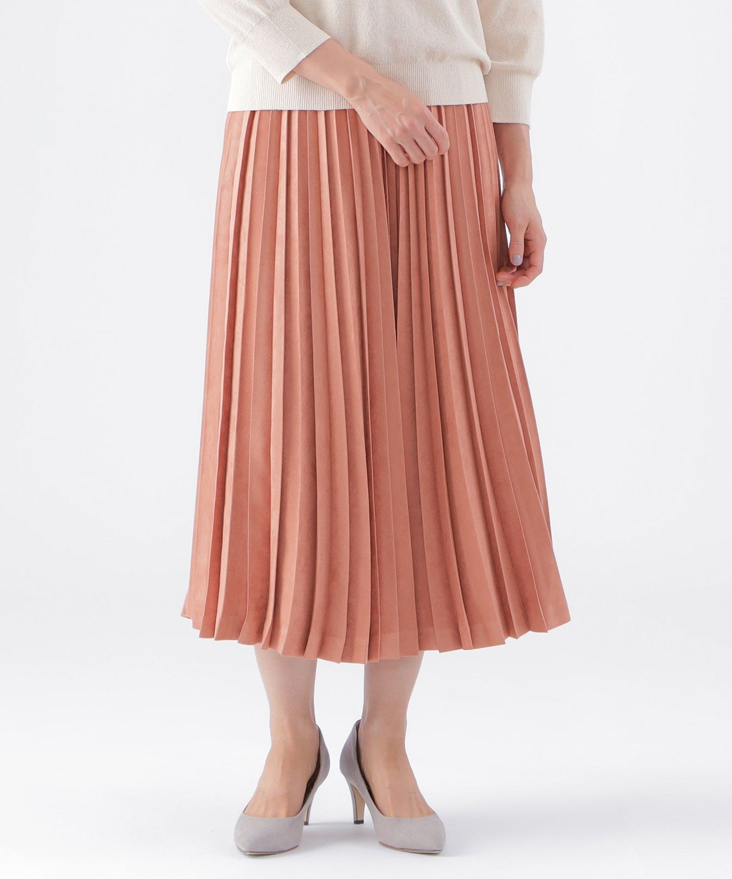 L】【ウォッシャブル】ストレッチスエードプリーツスカート(スカート