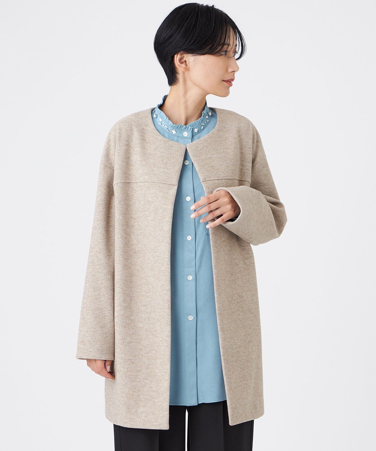 カタログ掲載】【ウォッシャブル】ウールライクジャージ―ノーカラー