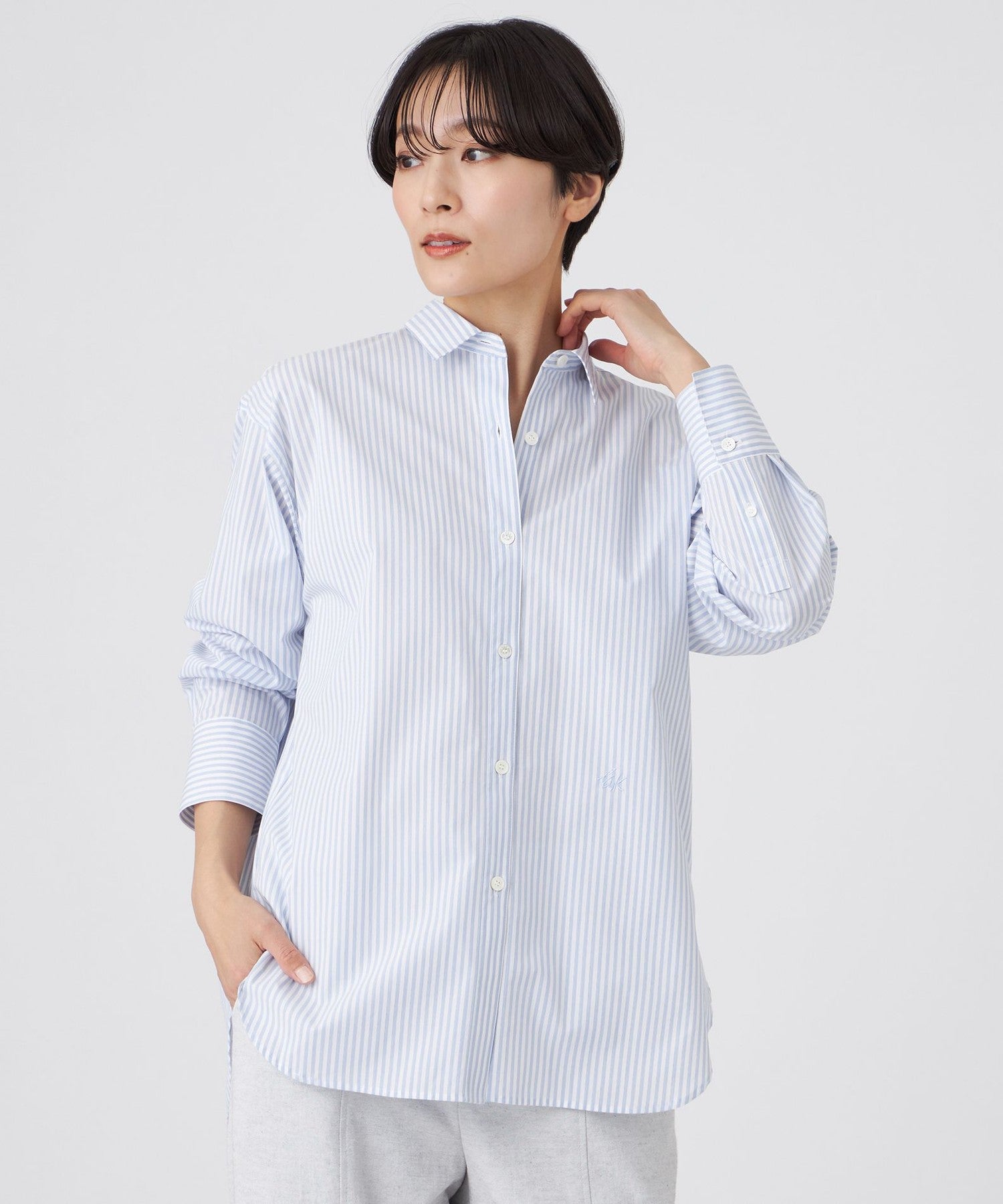 ウォッシャブル】コットンブレンドストライプシャツ(トップス)｜EVEX