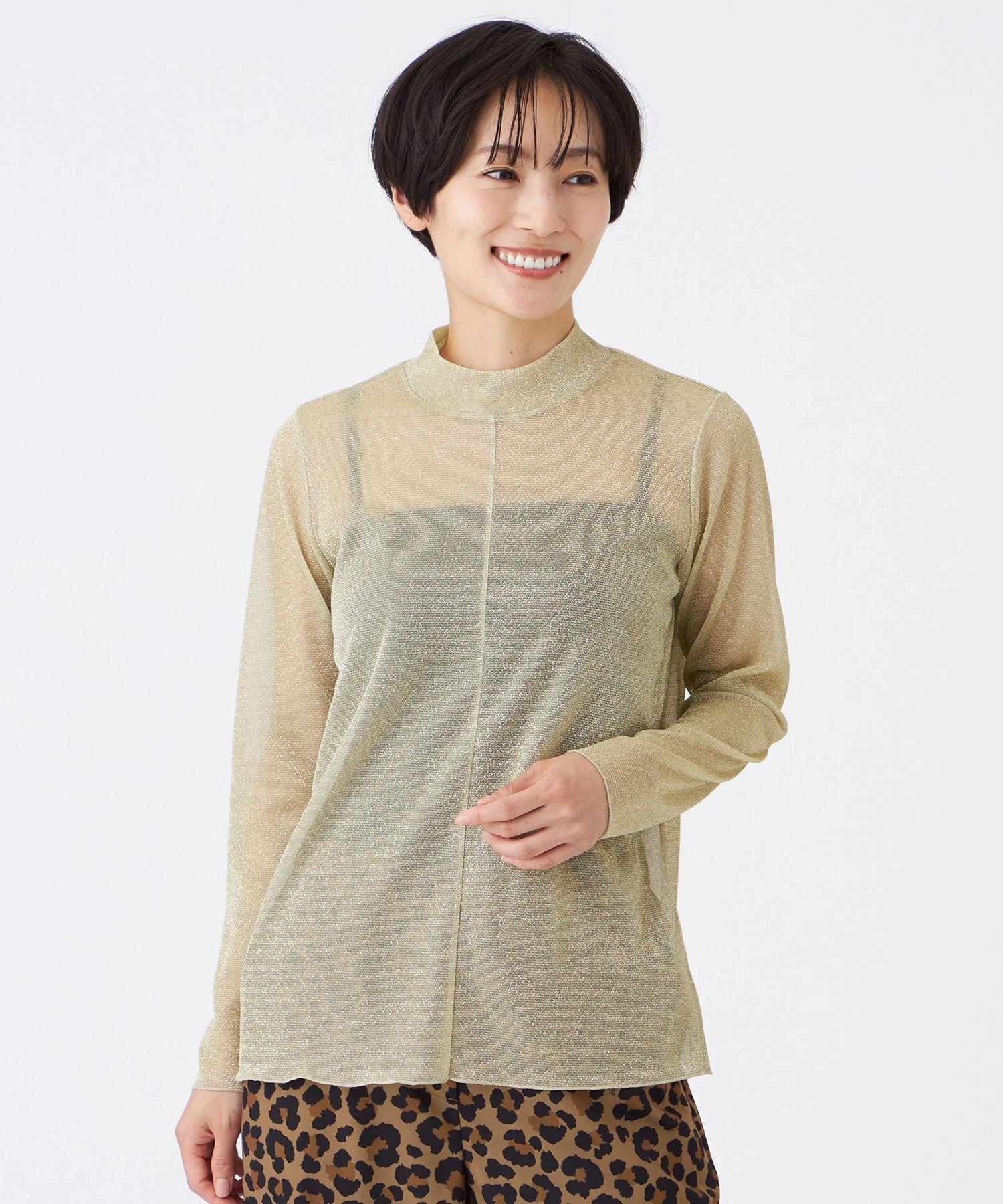 マシンウォッシャブル】グリッタージャージーハイネックカットソー