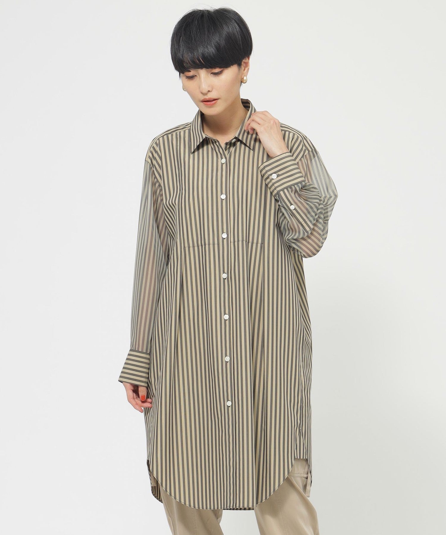 イヴ様用 L】【ウォッシャブル】シアーコンビストライプロングシャツ(トップス