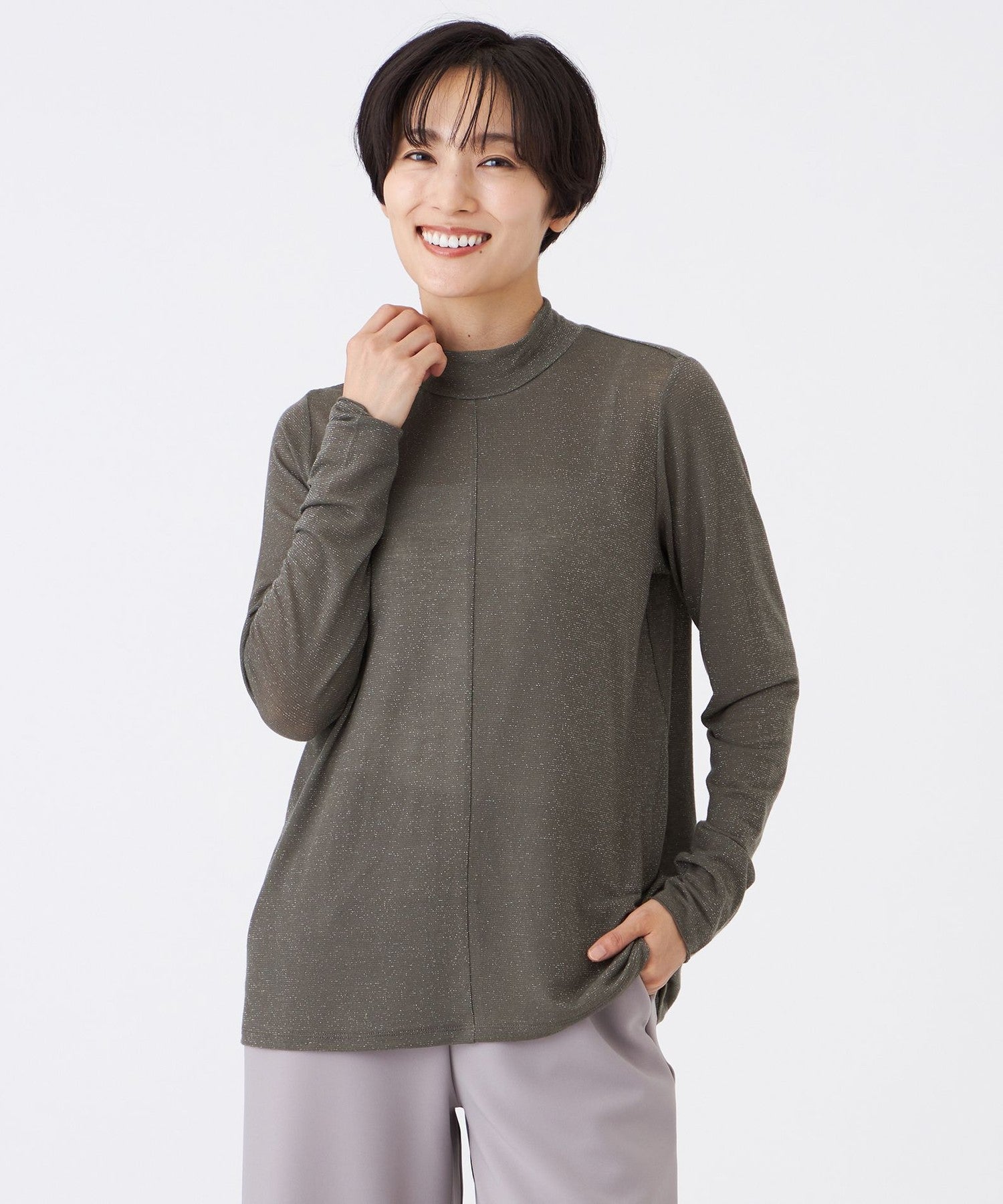 L】【ウォッシャブル】シアーラメジャージーハイネックカットソー