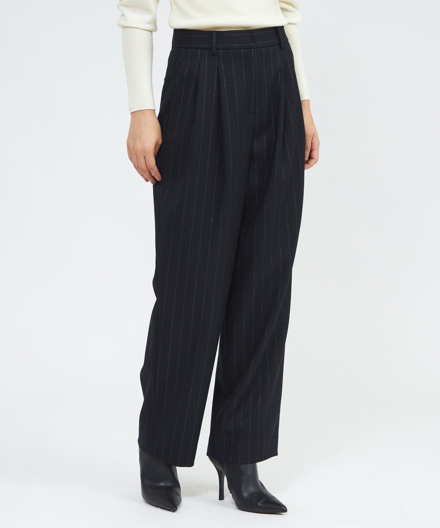 ウールラメストライプ タックワイドテーパードパンツ(パンツ)｜EPOCA