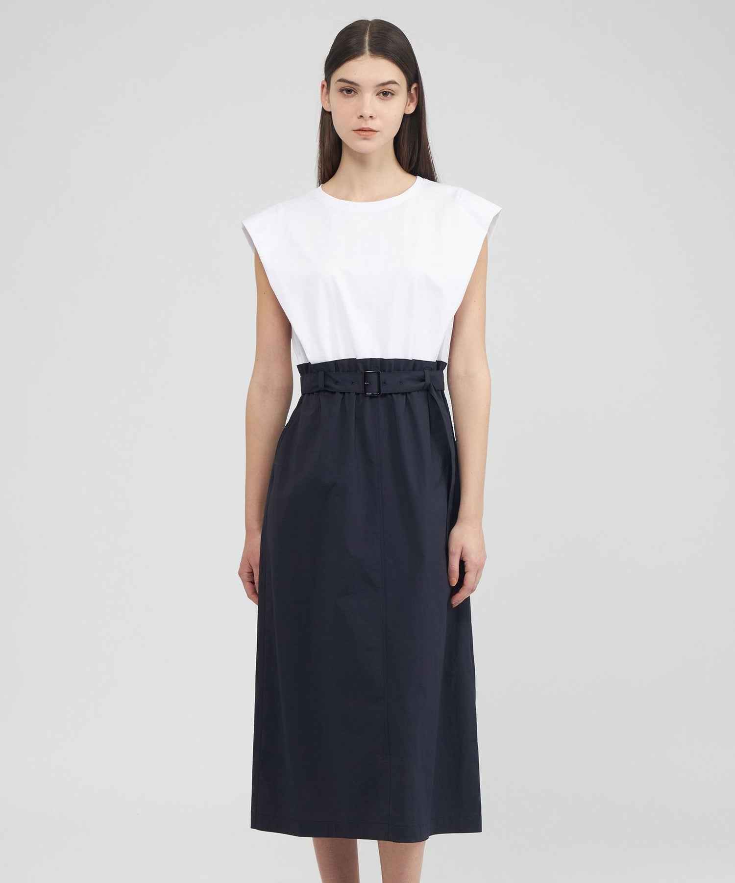 美品 EPOCA エポカ日本製 ドッキングワンピース　40 白×ピンク　膝下丈 美品 EPOCA エポカ日本製 ドッキングワンピース 40 白×ピンク 膝下丈