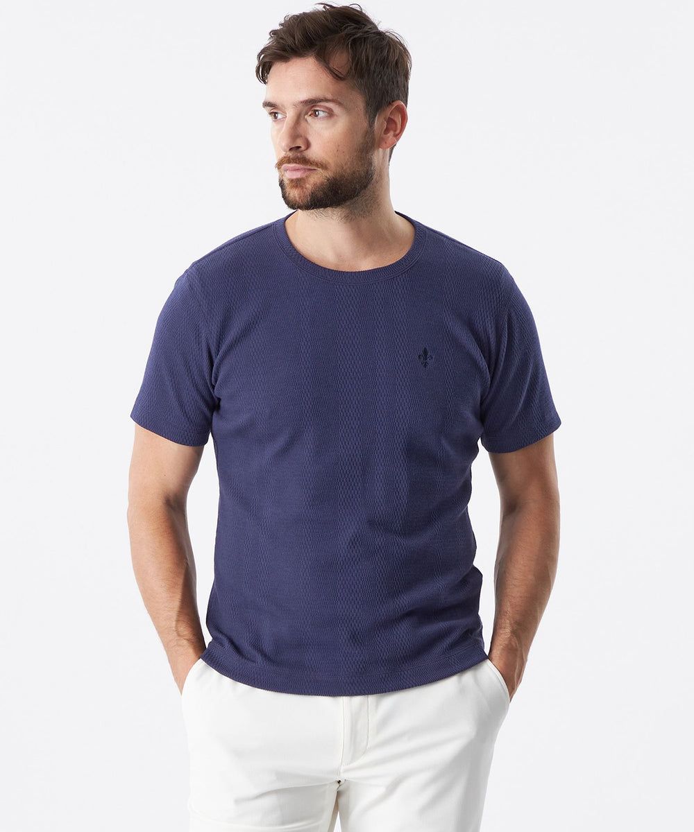 ★EPOCA UOMO メンズ★上品で人気のネイビー★ワッフルデザイン夏物薄手の柔らか素材★お洒落なアンコンジャケット★48/Mサマーニット系 ウォッシャブルワッフルニットTシャツ(トップス)｜EPOCA UOMO(エポカ