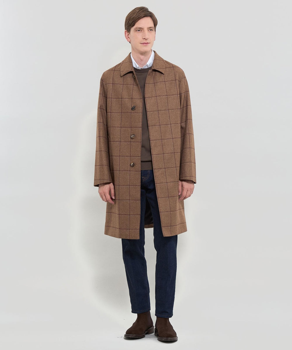 【Loro Piana】トゥモローランド　シングルトレンチコート　46　ブラウン DUNFORD】【Loro Piana Fabric】チェックウールステンカラーコート