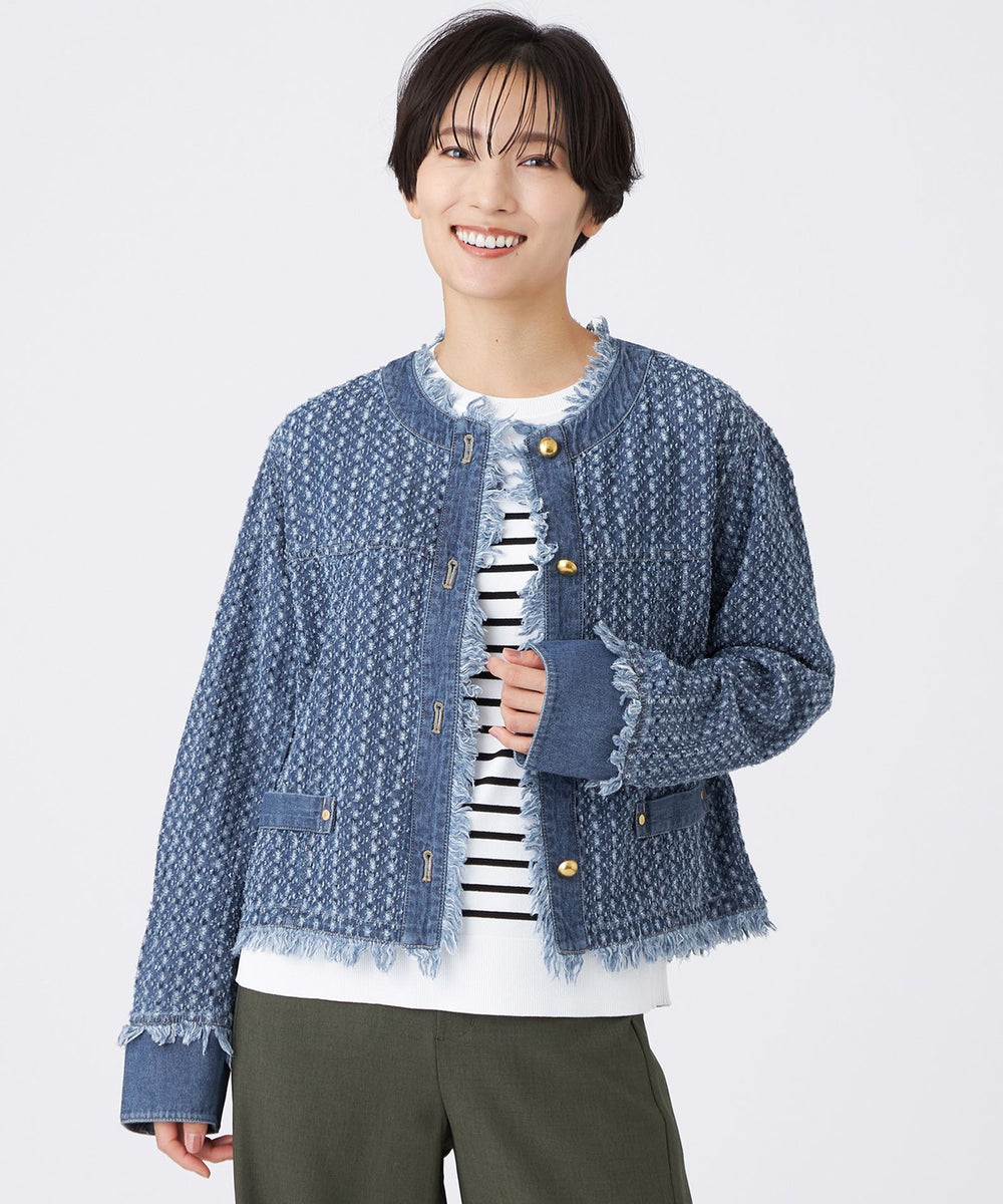 JUNYA WATANABE デニム ノーカラージャケット フリンジ仕上げ カタログ掲載品】【マシンウォッシャブル】パンチングデニムノーカラー
