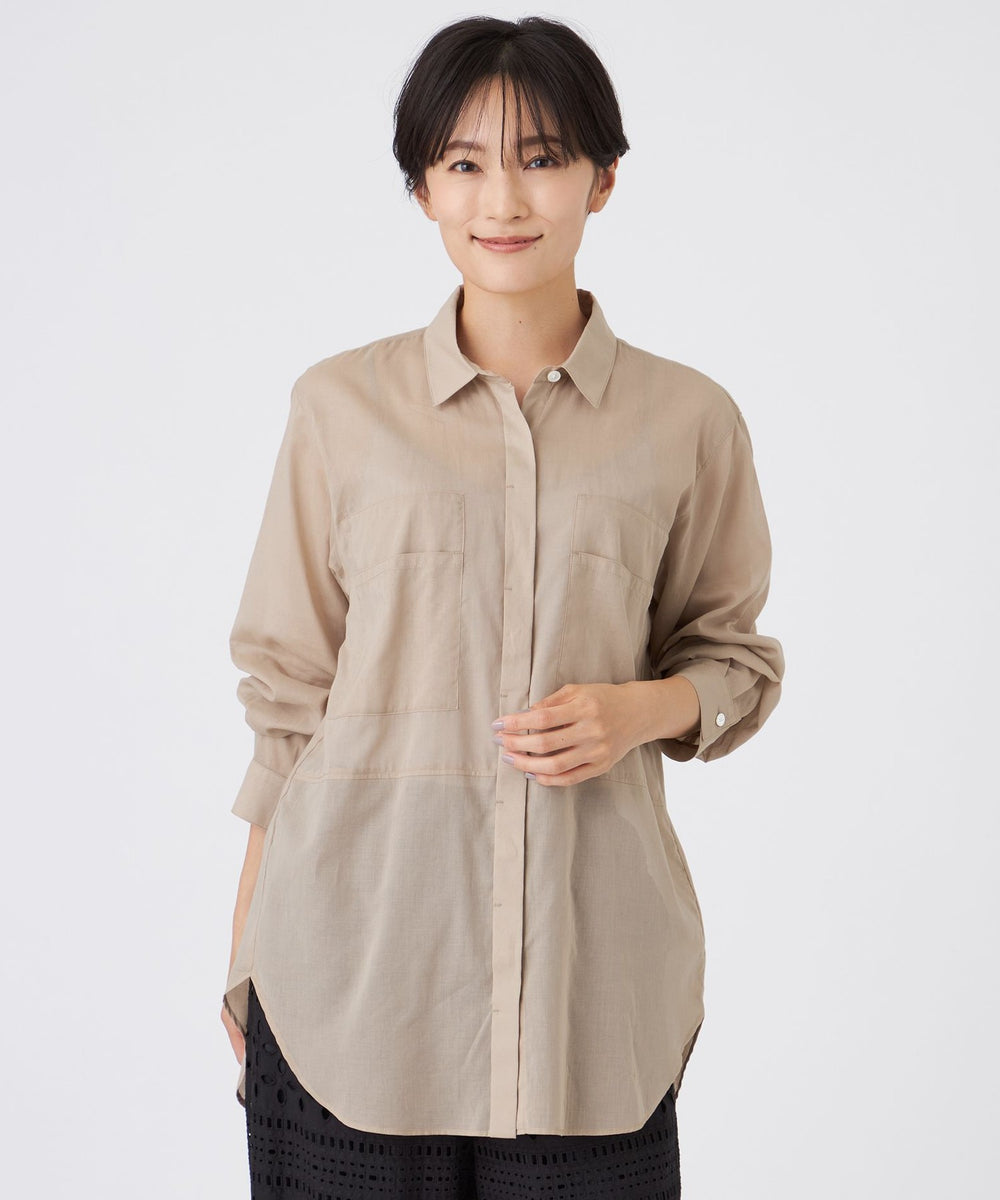 COURREGES PARIS リボン付きライトブルーシャツ コットンポプリン無地セミワイドカラーシャツ／LUCIANO（PS44140