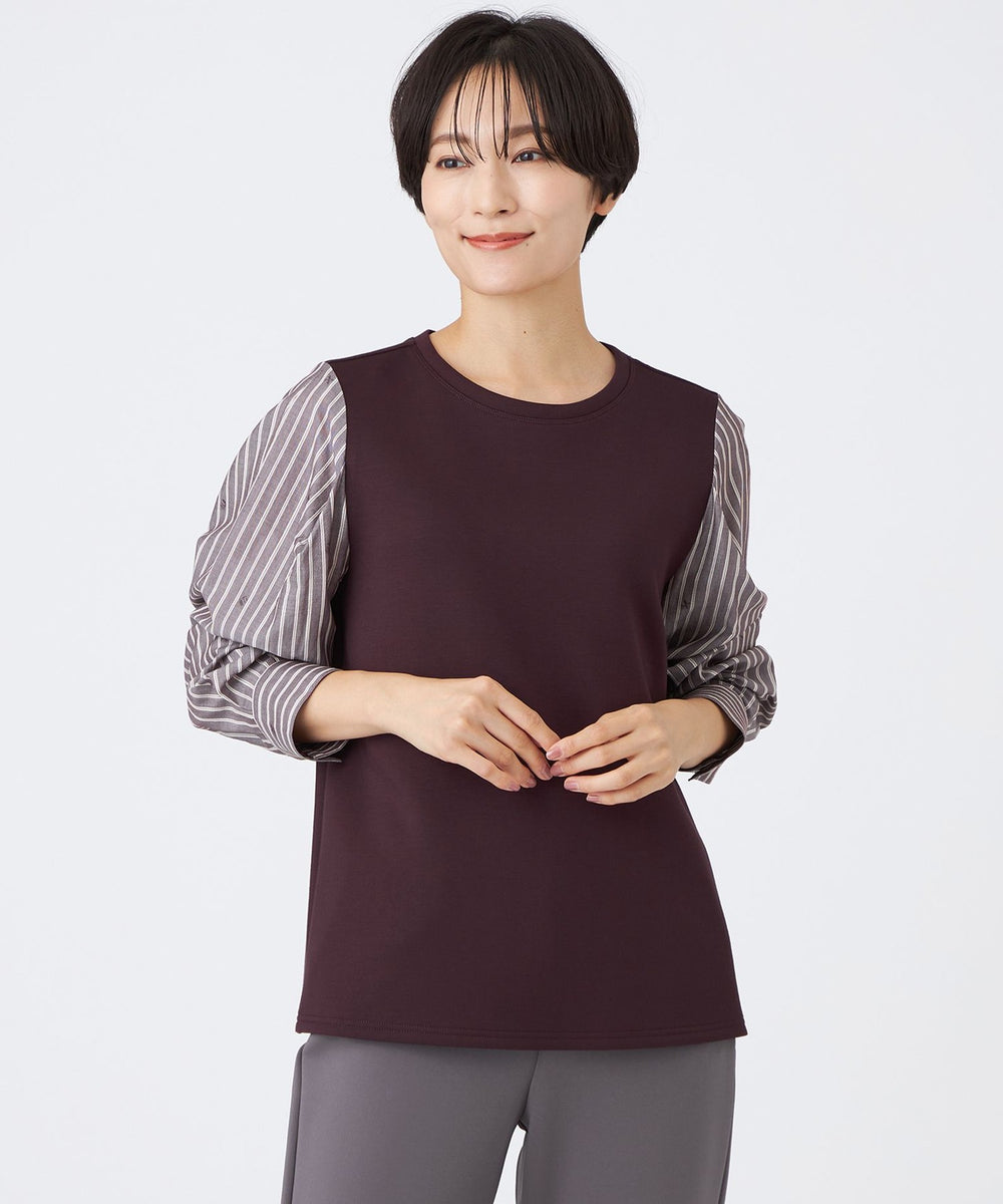 ウォッシャブル】ストライプジャカードコンビプルオーバー(トップス