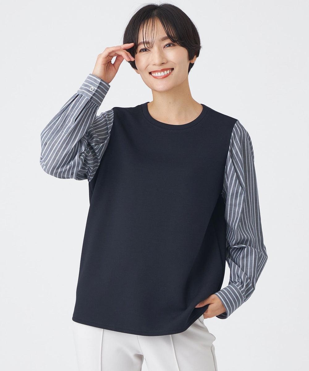 ウォッシャブル】ストライプジャカードコンビプルオーバー(トップス