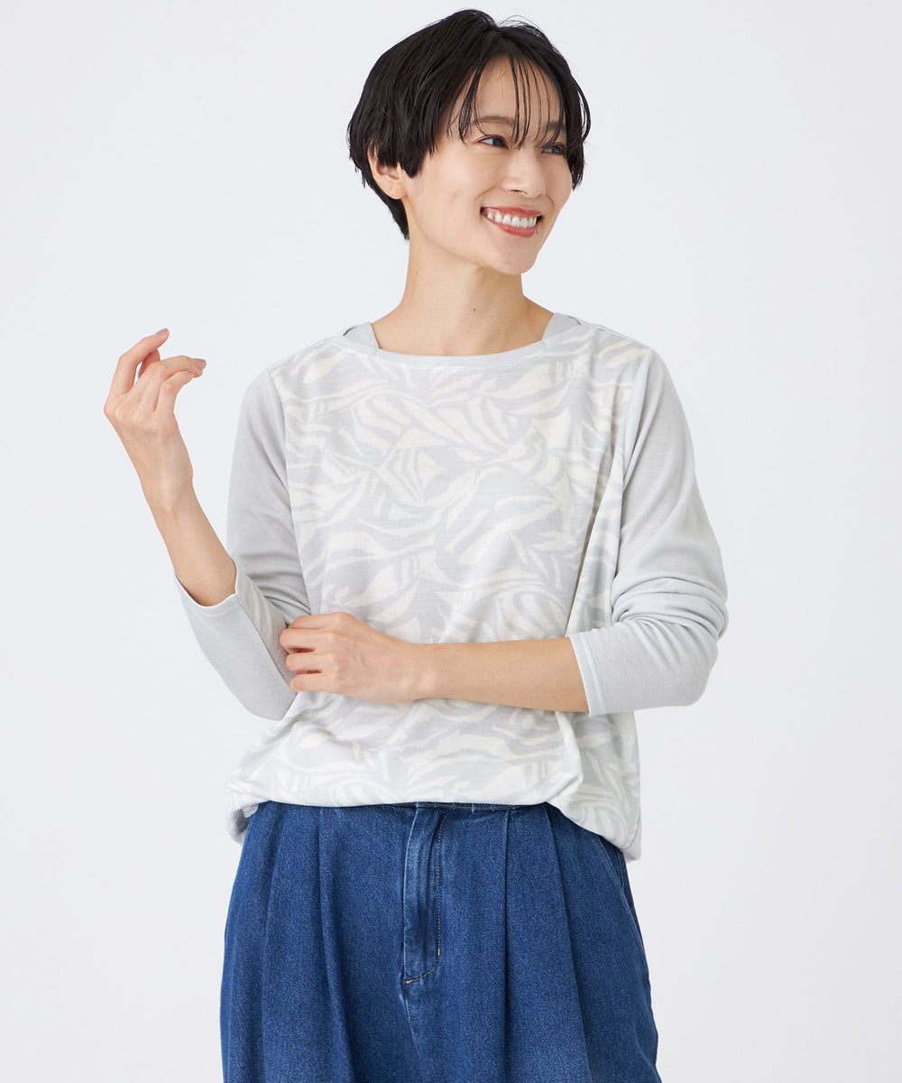 ウォッシャブル】タイガープリントバイカラーチュニックカットソー