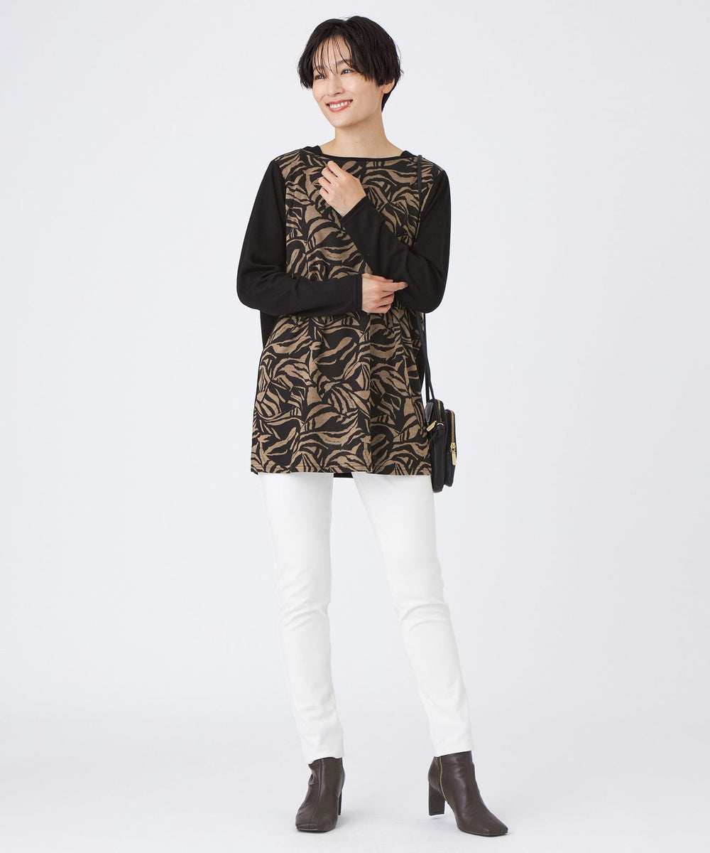 ウォッシャブル】タイガープリントバイカラーチュニックカットソー