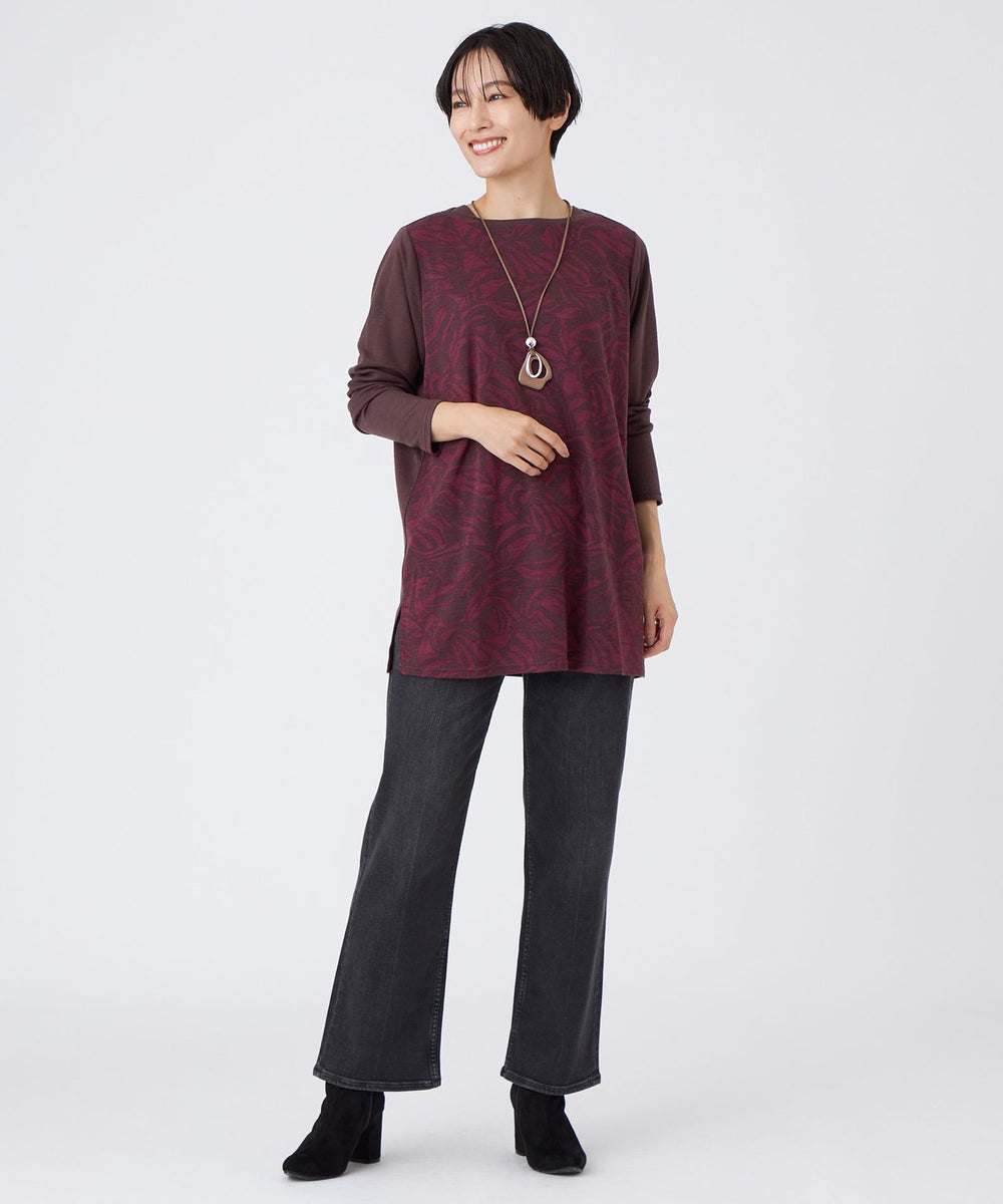 ウォッシャブル】タイガープリントバイカラーチュニックカットソー