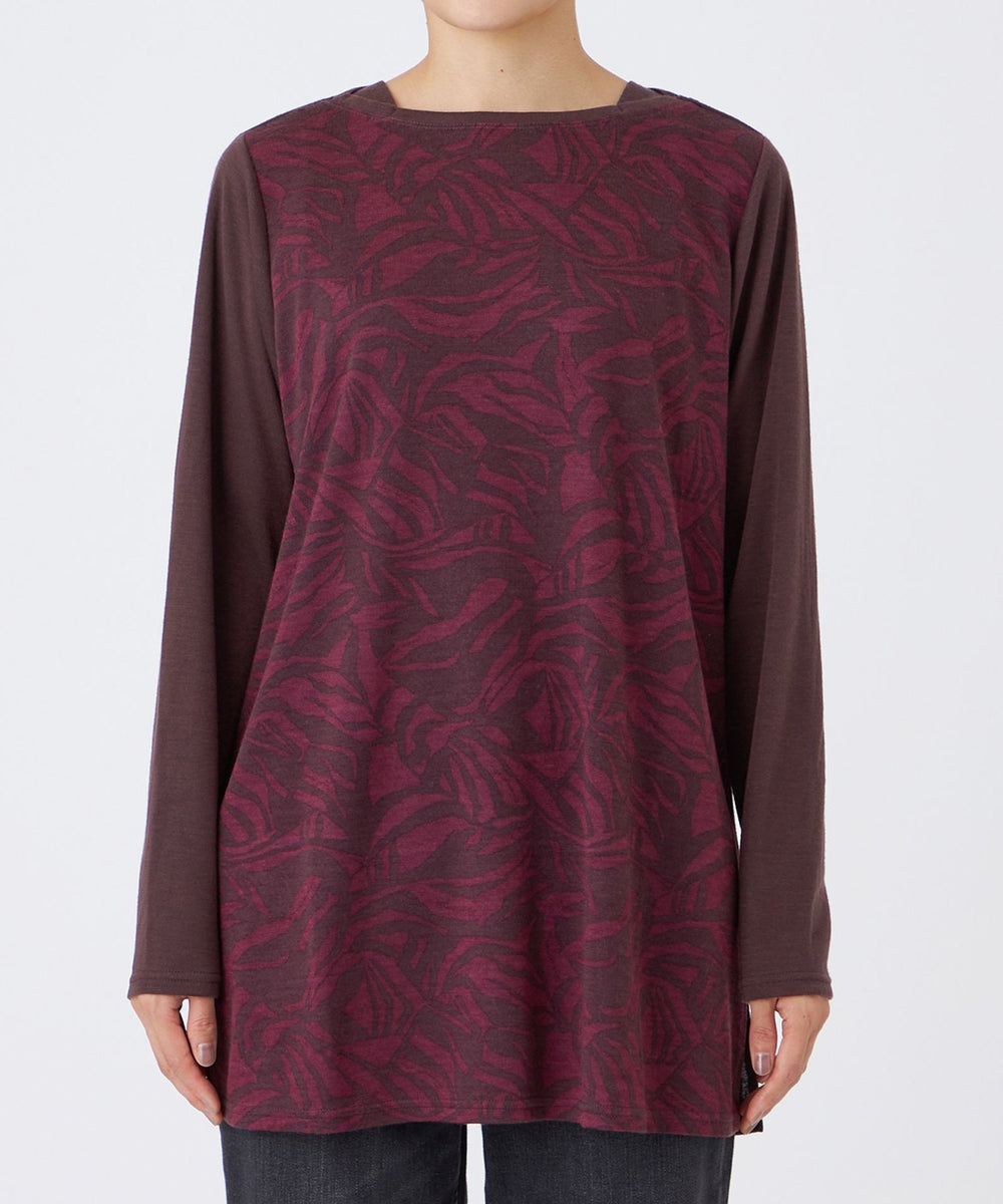 ウォッシャブル】タイガープリントバイカラーチュニックカットソー