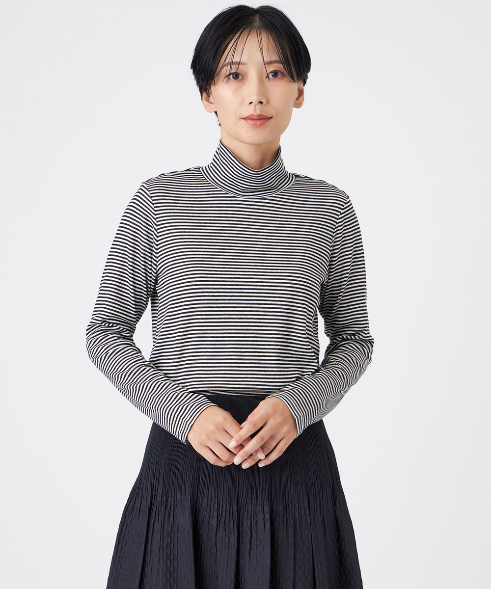 ウォッシャブル】ハーフミラノリブボーダーハイネックプル