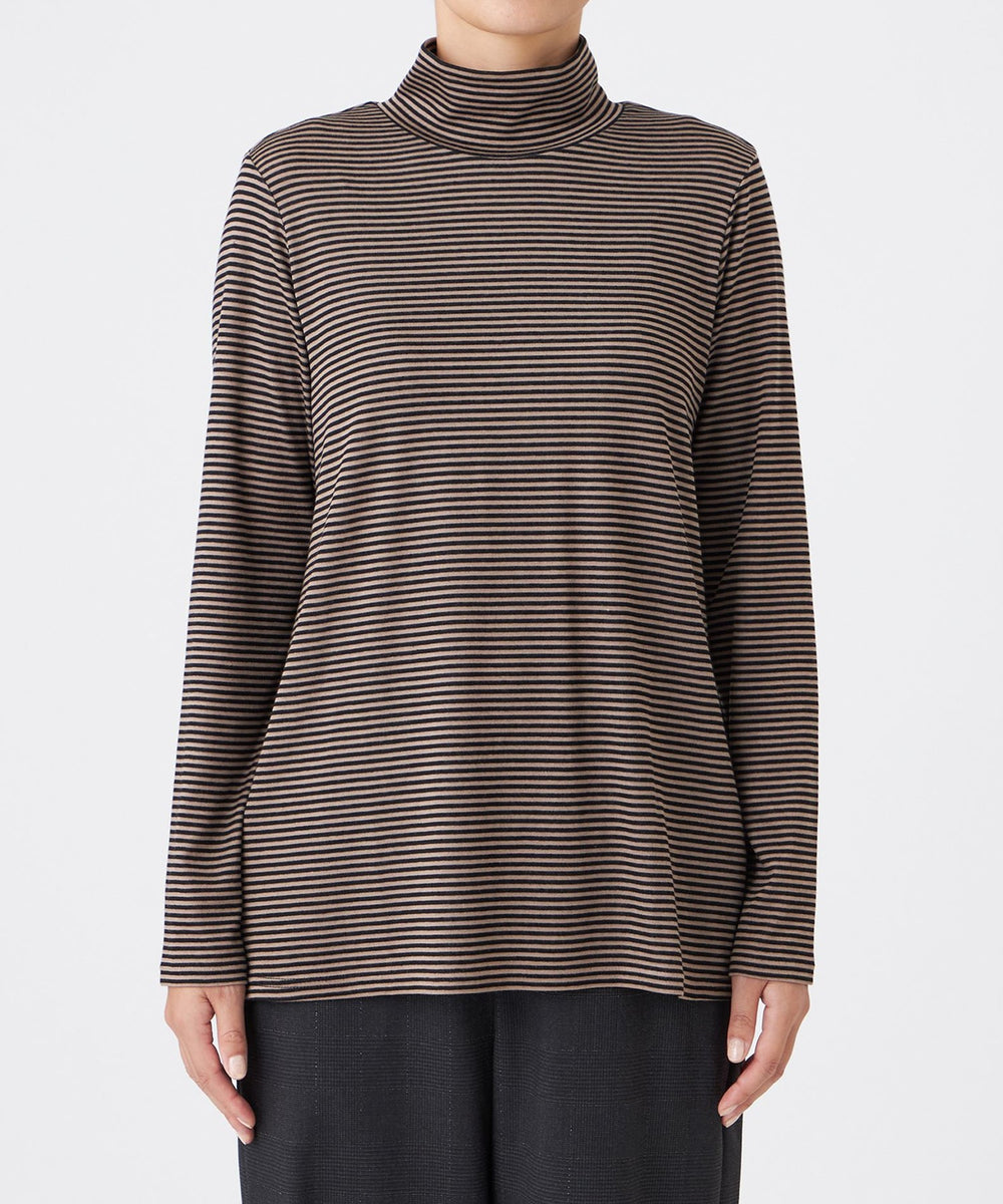 ウォッシャブル】ハーフミラノリブボーダーハイネックプル