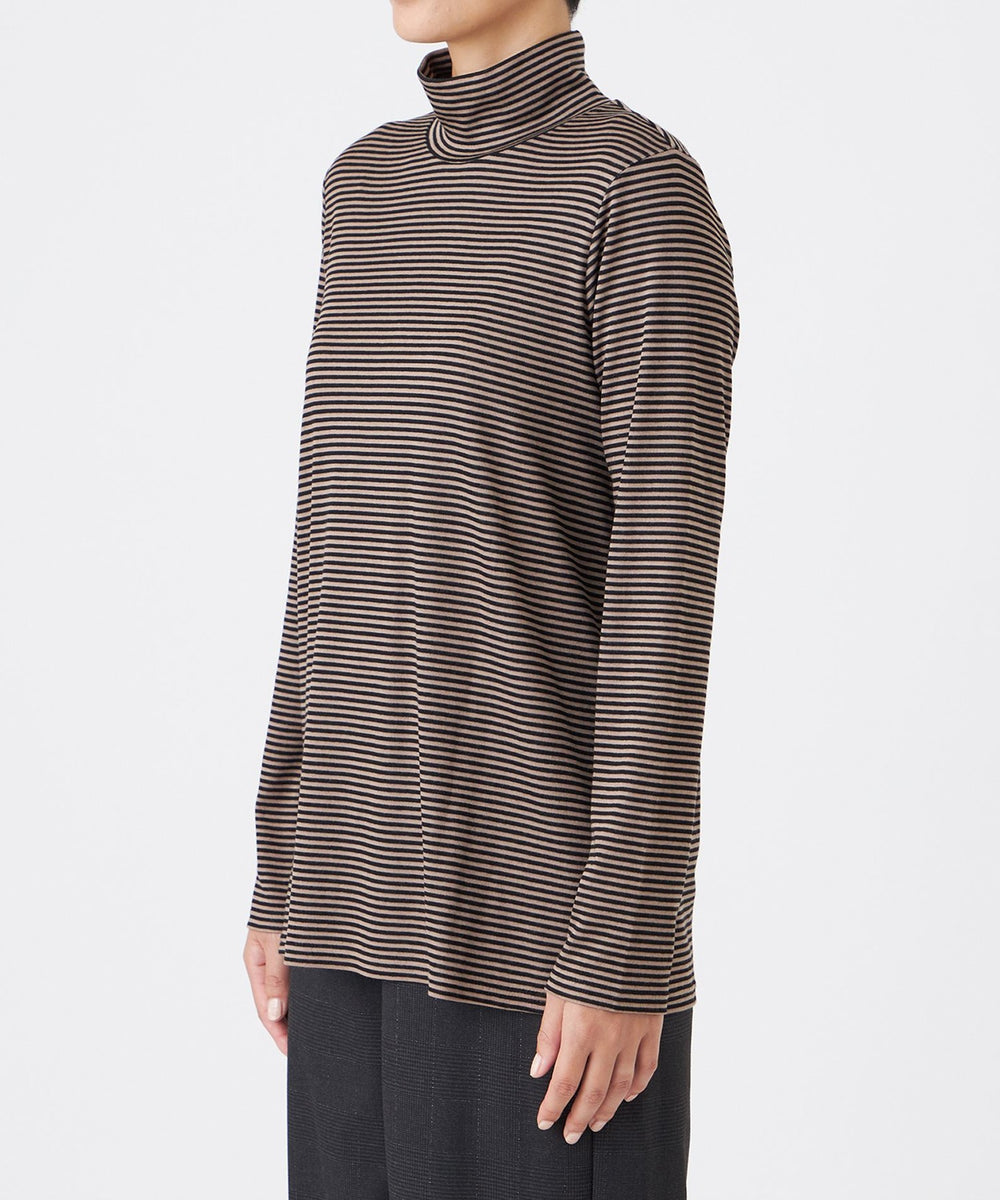 ウォッシャブル】ハーフミラノリブボーダーハイネックプル
