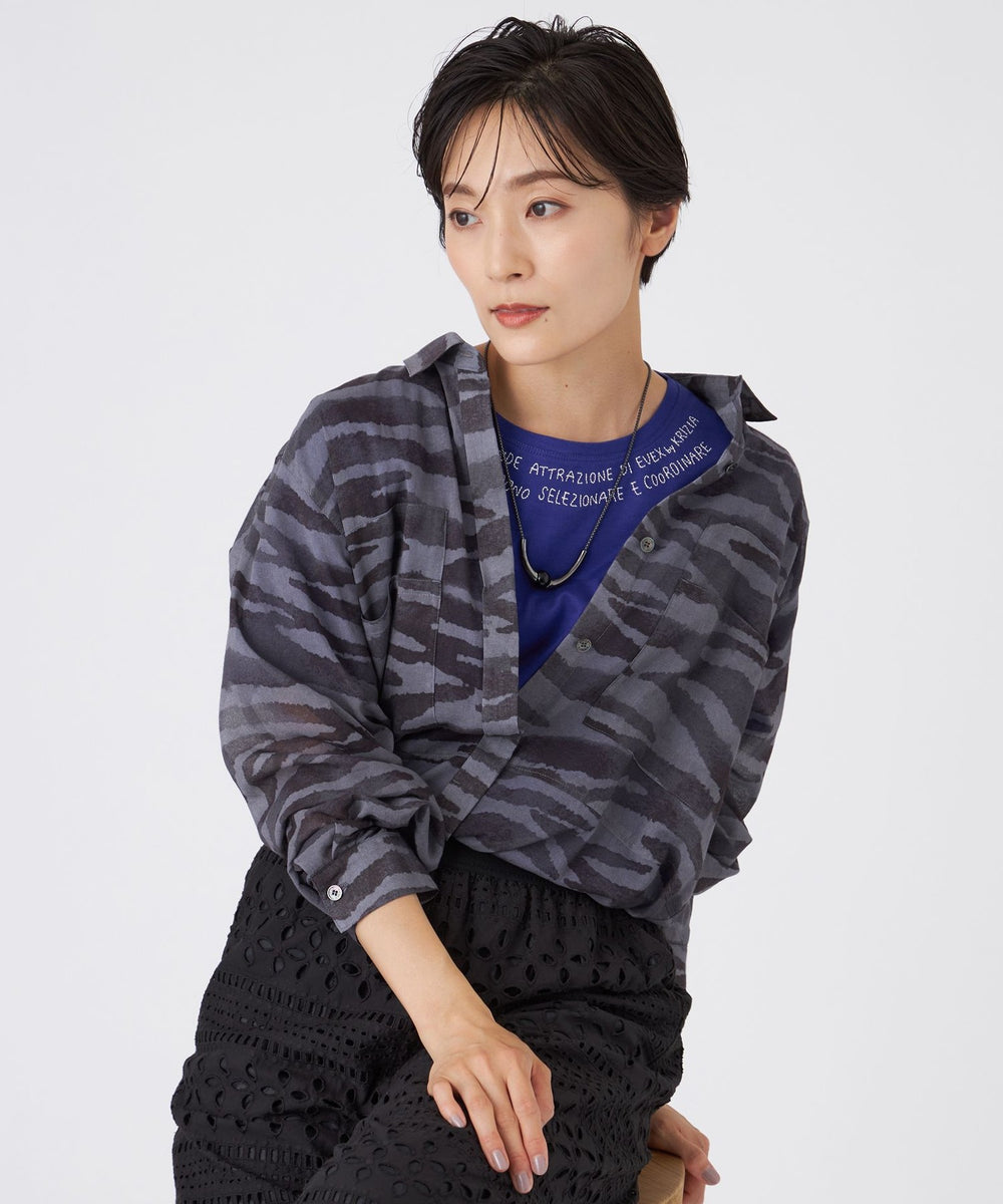 L】【接触冷感】【ウォッシャブル】シアーボイルゼブラロングシャツ