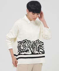 L】【ウォッシャブル】タイガーインターシャプルオーバーニット