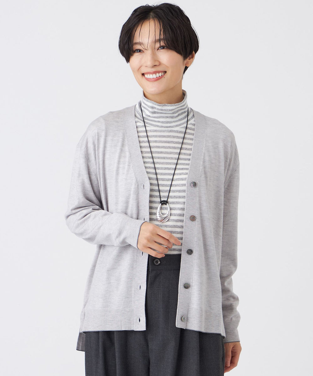 L】【ウォッシャブル】ハイゲージラインニットカーディガン(トップス