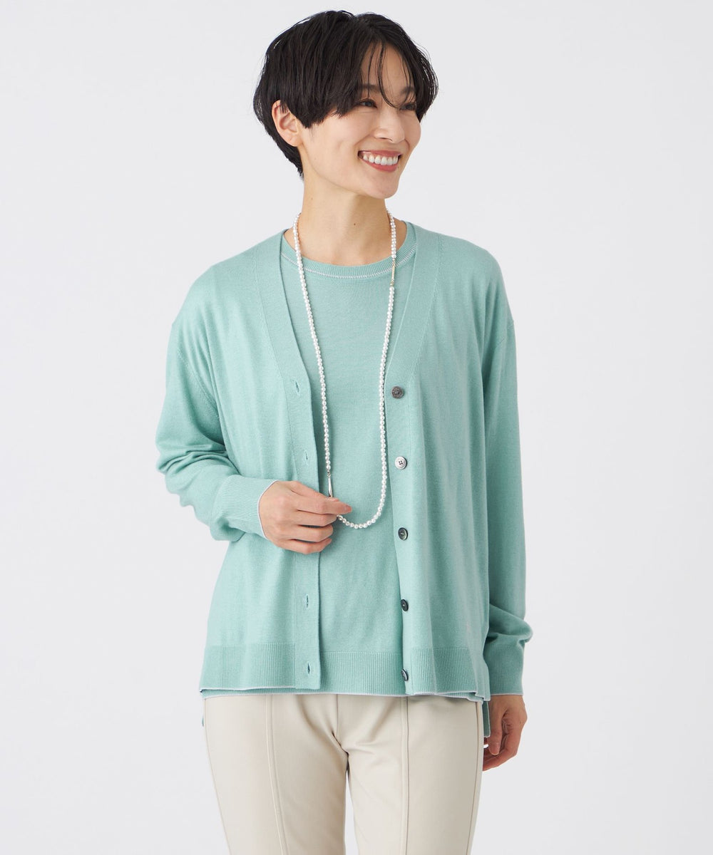 L】【ウォッシャブル】ハイゲージラインニットカーディガン(トップス