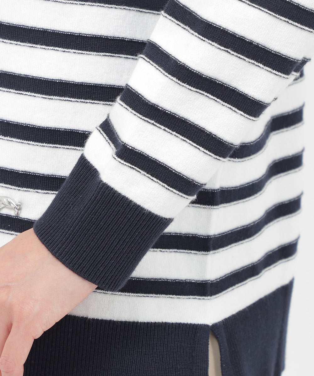 L】【ウォッシャブル】コットンラメボーダークルーネックニット