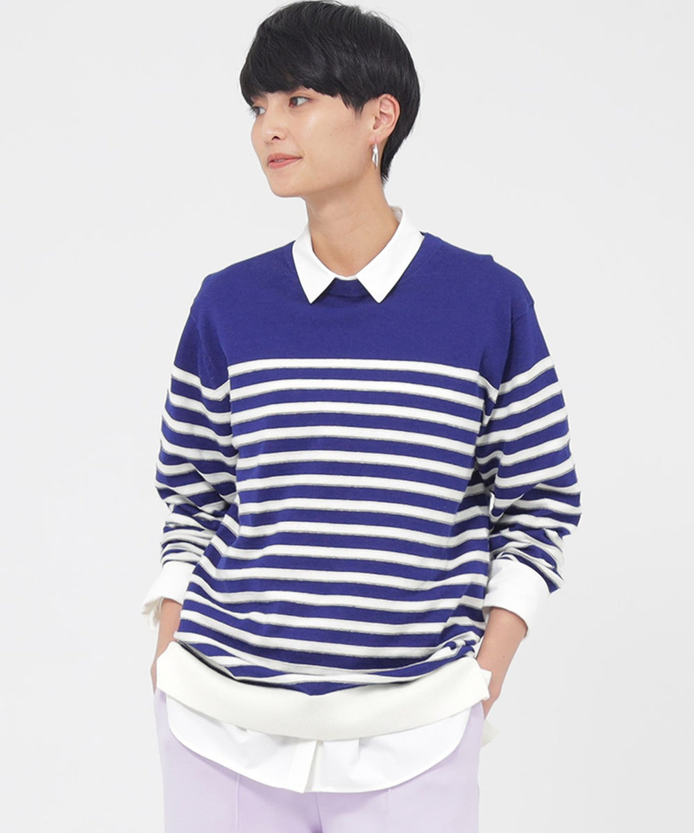 L】【ウォッシャブル】コットンラメボーダークルーネックニット