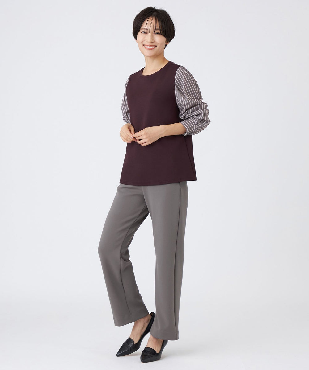 L】【ウォッシャブル】ストライプジャカードコンビプルオーバー