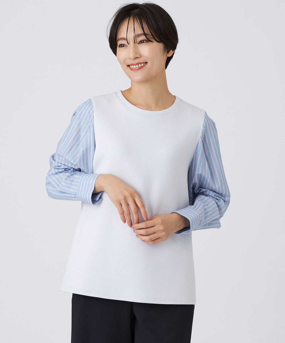 L】【ウォッシャブル】ストライプジャカードコンビプルオーバー