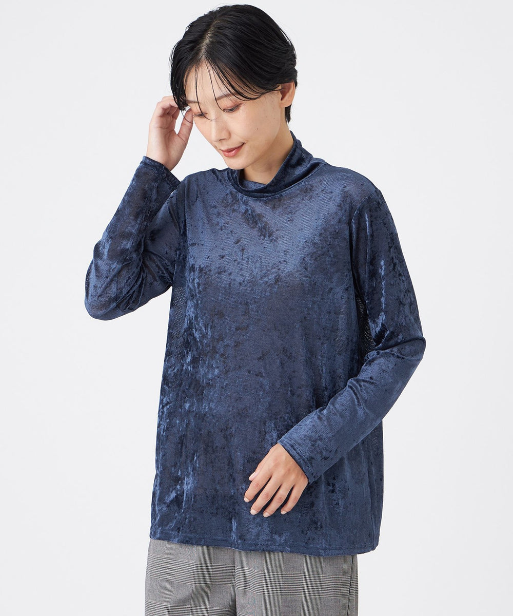 L】【マシンウォッシャブル】メッシュベロアハイネックプルオーバー