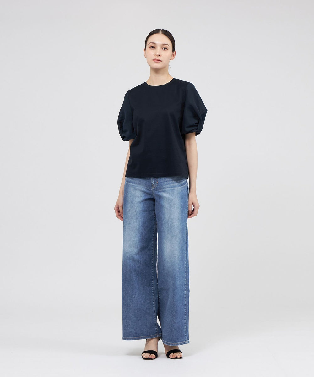 美品　EPOCA エポカ　半袖　パフスリーブ　ペプラム　サマーニット　ブルー　Ｌ ライトパフスリーブTシャツ(トップス)｜EPOCA(エポカ)のファッション