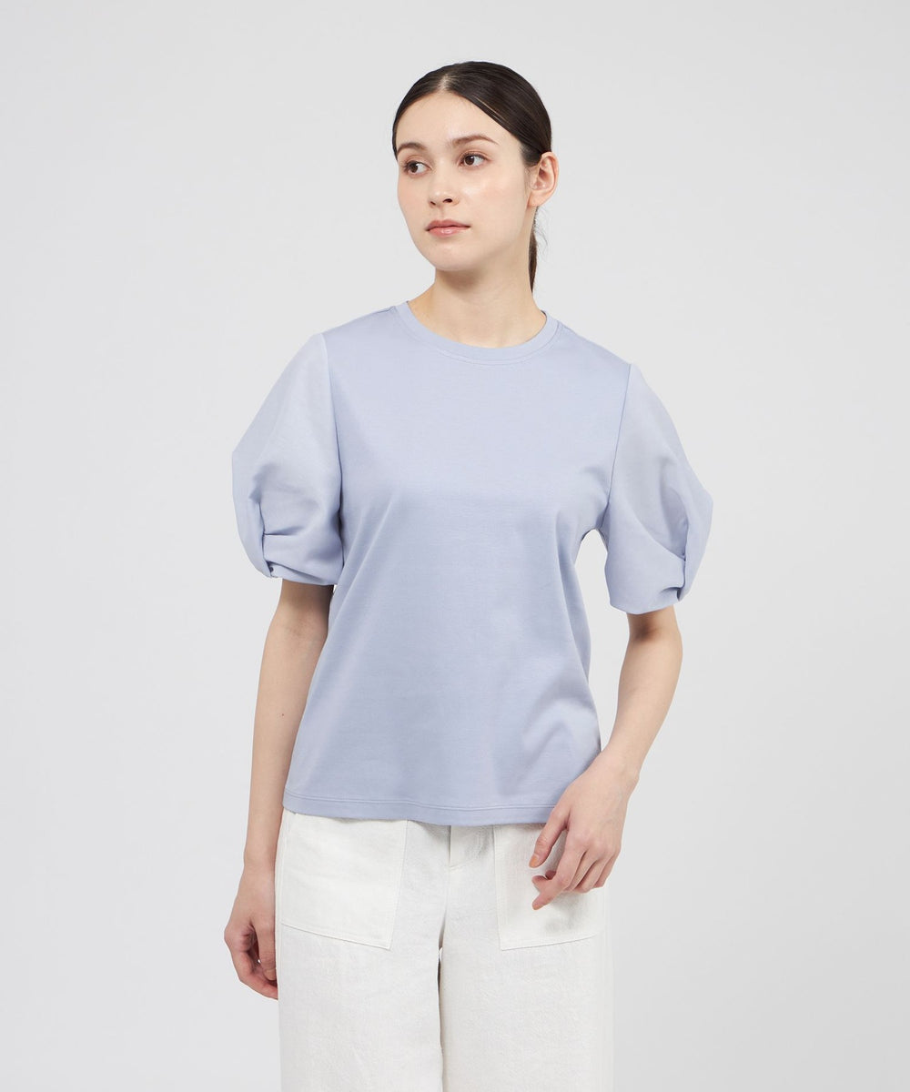 美品　EPOCA エポカ　半袖　パフスリーブ　ペプラム　サマーニット　ブルー　Ｌ ライトパフスリーブTシャツ(トップス)｜EPOCA(エポカ)のファッション