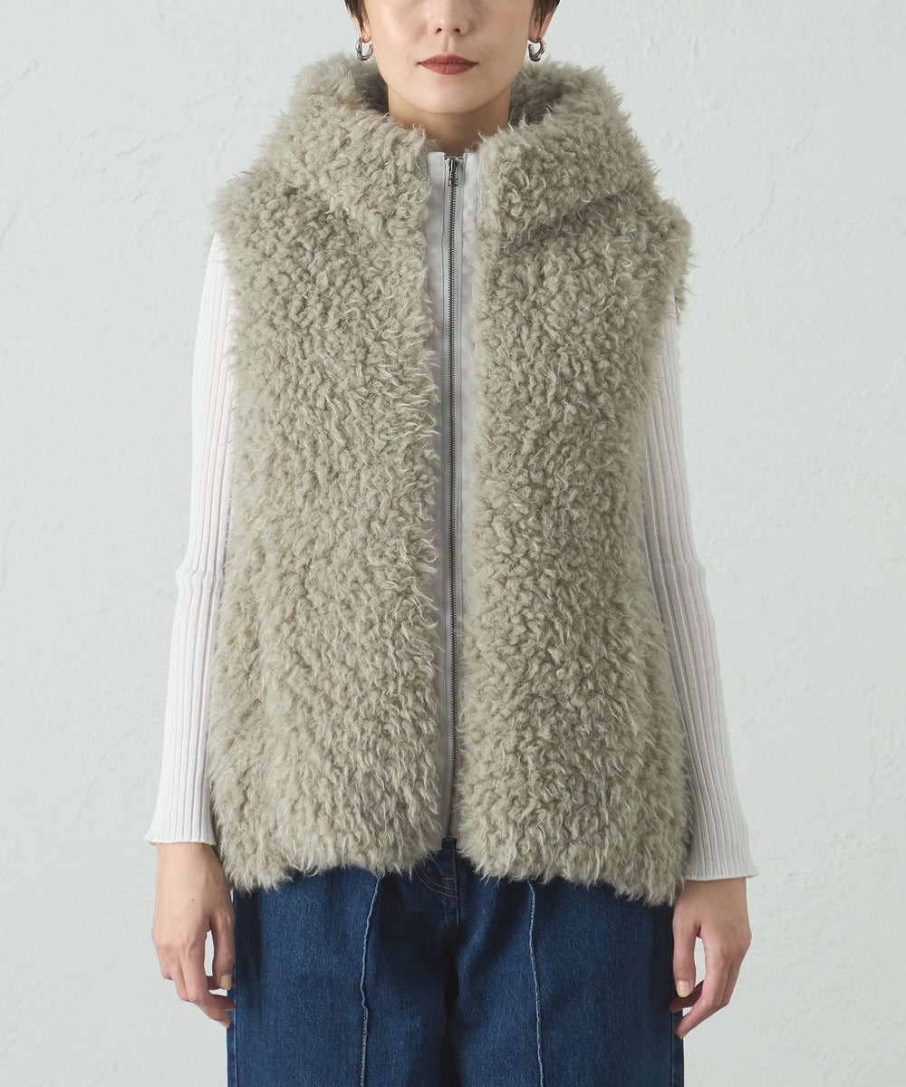 新品 Russeluno ラメ フード ベスト エンブレム ファー ブラウン L 新品 Russeluno ラメ フード ベスト エンブレム ファー ブラウン L