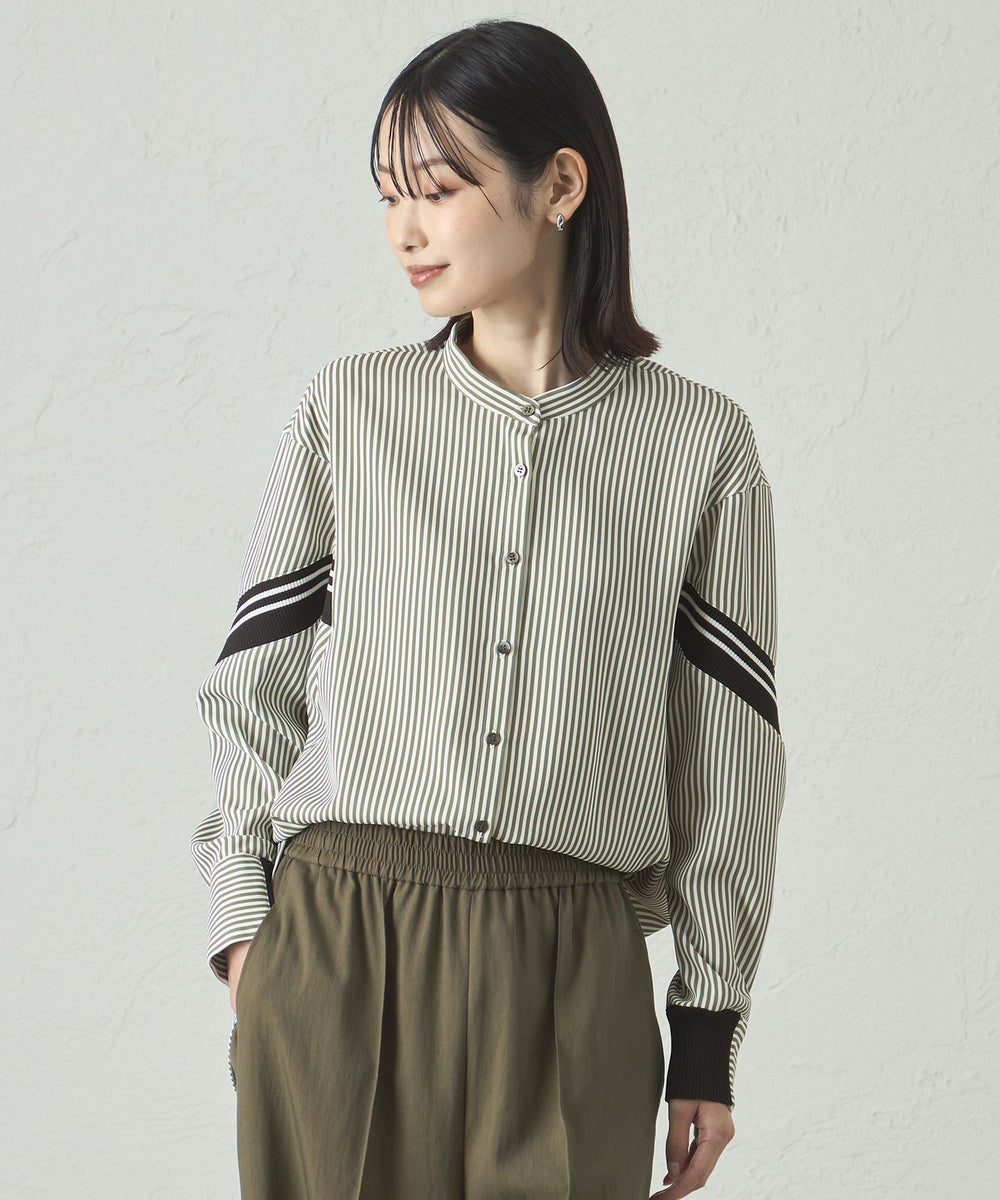 着用しわ軽減/吸水速乾】ニットコンビストライプブラウス(トップス
