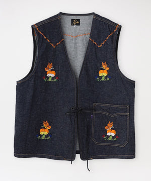 【Needles】MEN ベスト P&M Emb. Vest - 10.5oz C/L/PU Denim 