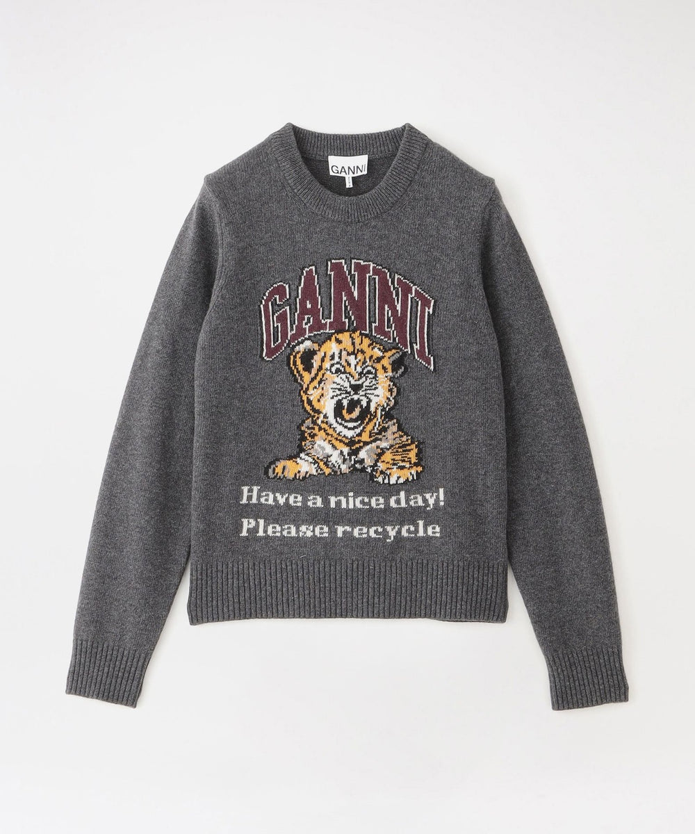 【GANNI/ガニー】ニット Graphic Wool Mix Tiger Crewneck K2278 Gray Quill 084 ...
