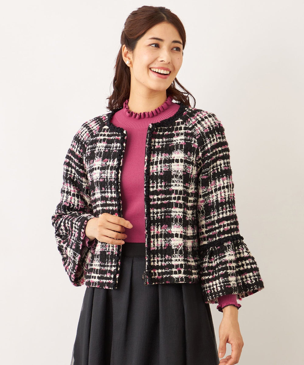 【大きいサイズ】【42】TO BE CHIC ツイード ノーカラージャケット ファンシーツイードノーカラー ジャケット(ジャケット)｜TO BE