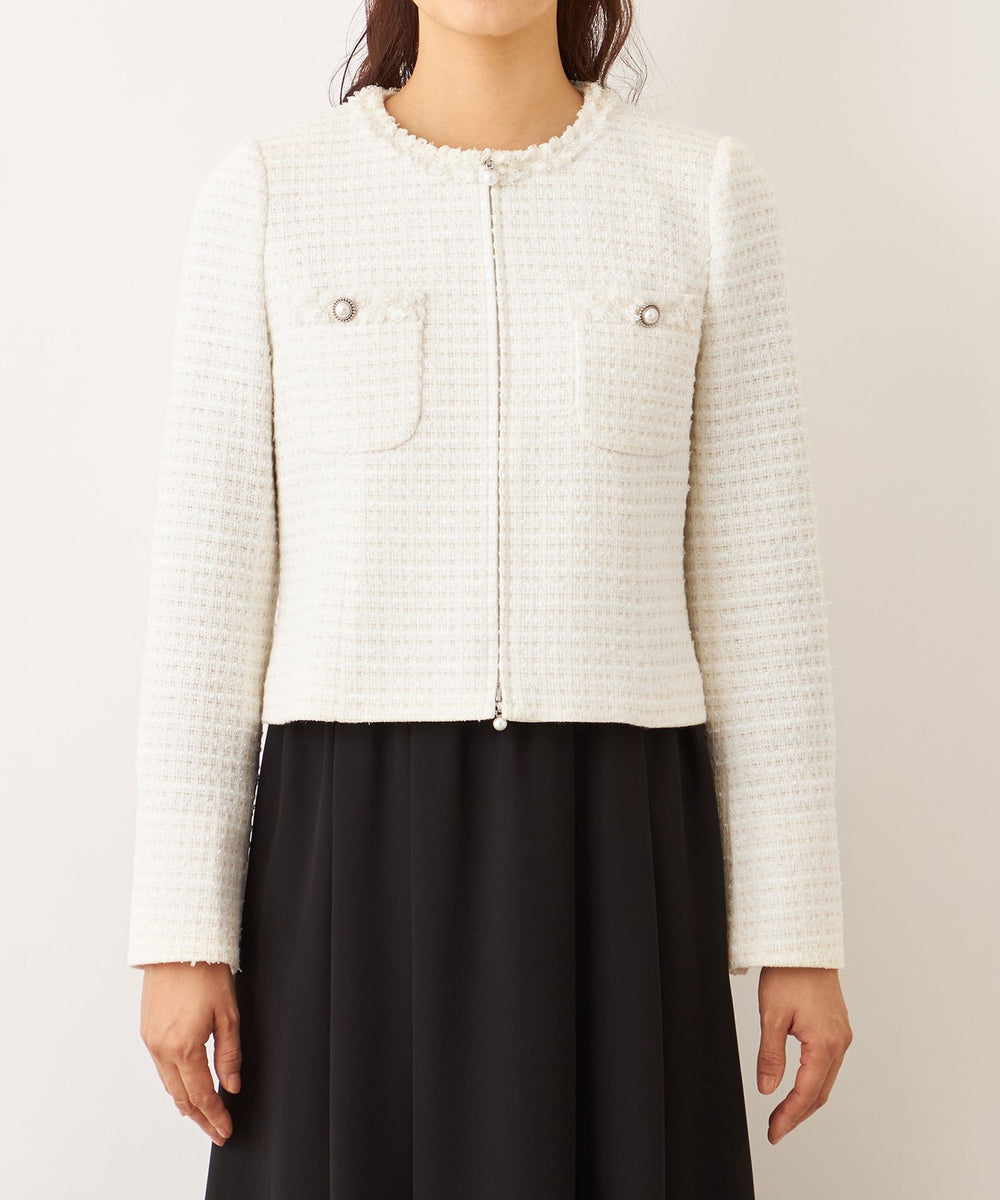 美品⭐️TOBE CHIC フリンジ リボン ノーカラーツイードジャケット L L】リボンニットファンシー ノーカラージャケット(ベスト)｜TO BE CHIC