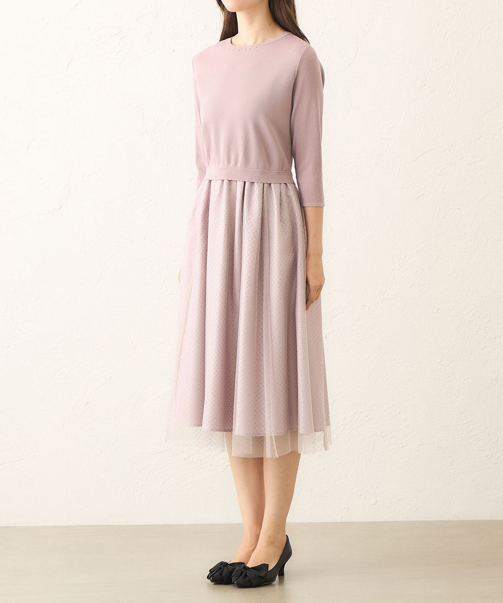 【専用】チュールハイネックワンピース　ベージュ　PSサイズ プチハイネック レース ドッキング 半袖 チュール ワンピース