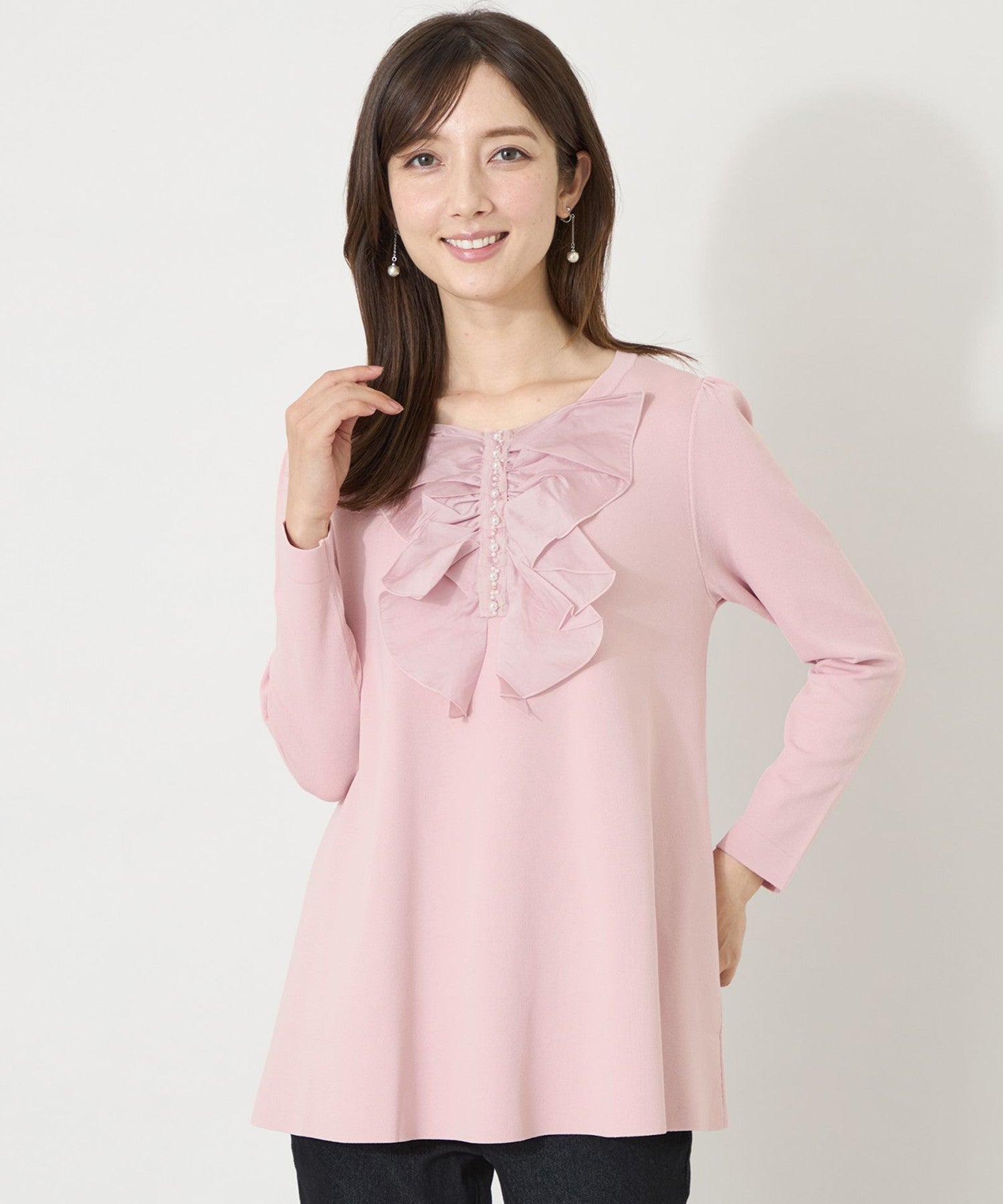 L】レーヨンナイロン ビジュー ラッフル ニットチュニック(トップス
