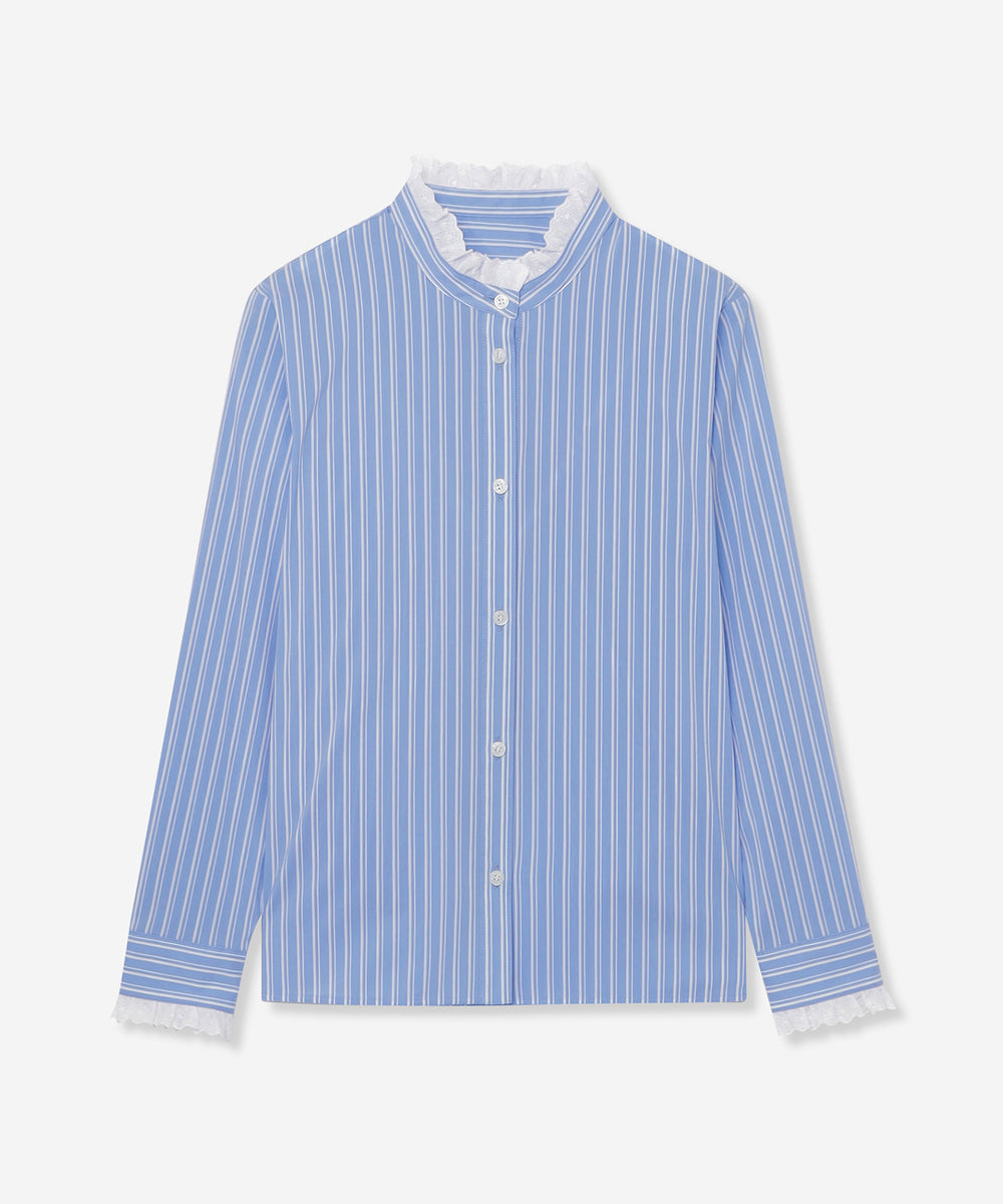 L】コットンナイロンストレッチレースフリルブラウス(トップス