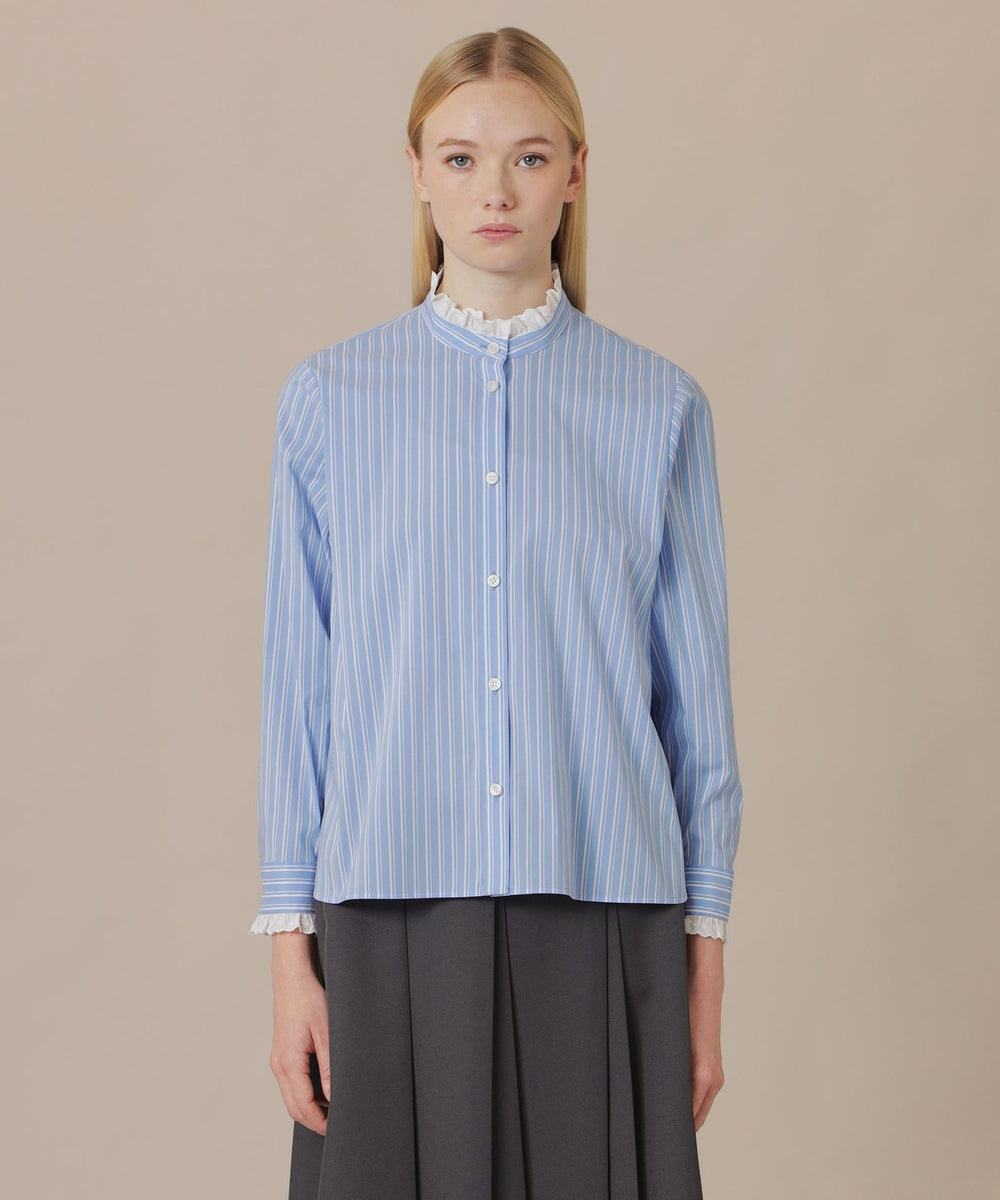 L】コットンナイロンストレッチレースフリルブラウス(トップス